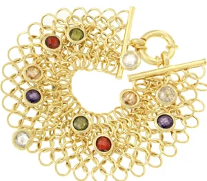 Roman Joyero Pulseras<ALEJANDRIA pulsera ancha plata 1ª ley bañada oro y piedras colores