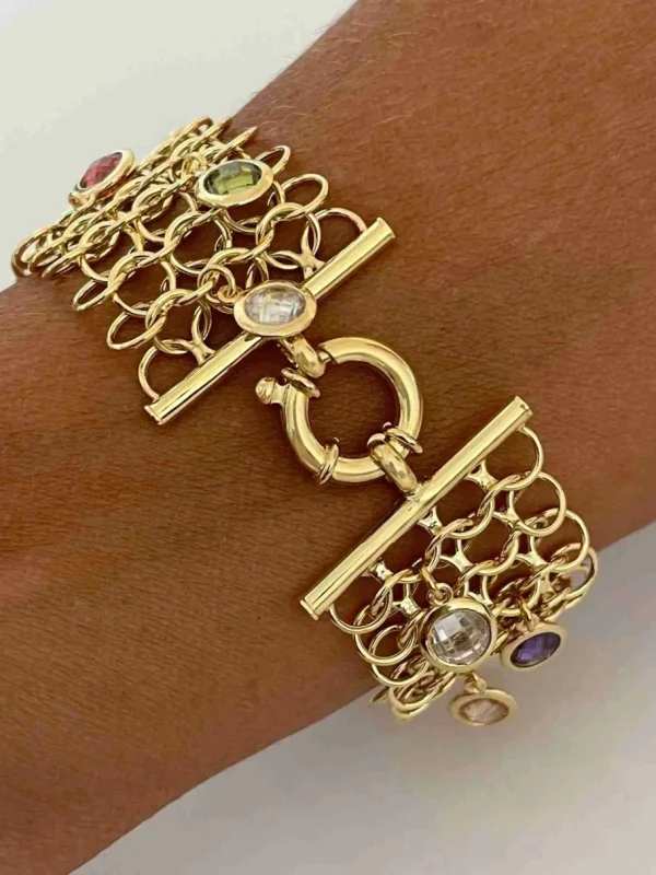 Roman Joyero Pulseras<ALEJANDRIA pulsera ancha plata 1ª ley bañada oro y piedras colores