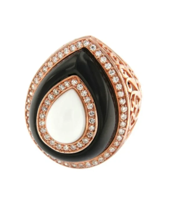 Roman Joyero Anillos<AMBROSINE, anillo de plata rosada con onyx y ágata blanca.