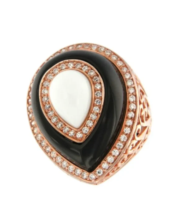 Roman Joyero Anillos<AMBROSINE, anillo de plata rosada con onyx y ágata blanca.