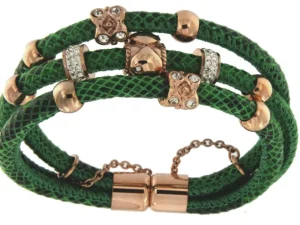 Roman Joyero Acero<CAMINANTE-F pulsera de acero y piel con 3 bandas negras y verdes.