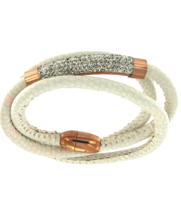 Roman Joyero Acero<DEVOTO-A pulsera de acero y piel con 3 bandas blancas y cilindro.