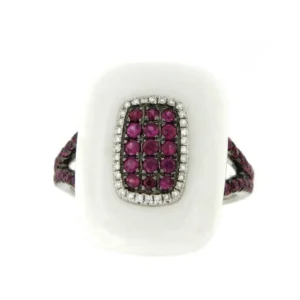 Roman Joyero Anillos<JAYUYA anillo de oro blanco, ágata, diamante y rubíes