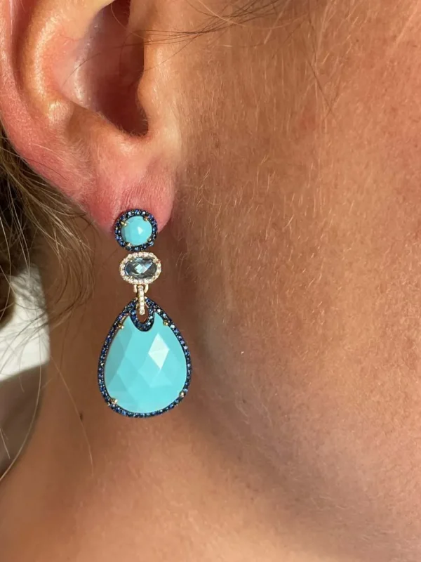 Roman Joyero Pendientes<Pendientes largos en oro rosa con zafiro, diamante y turquesa
