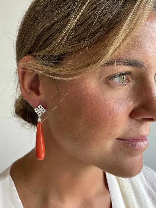 Roman Joyero Pendientes<Perillas FUERTE coral prensado con casquilla de brillantes
