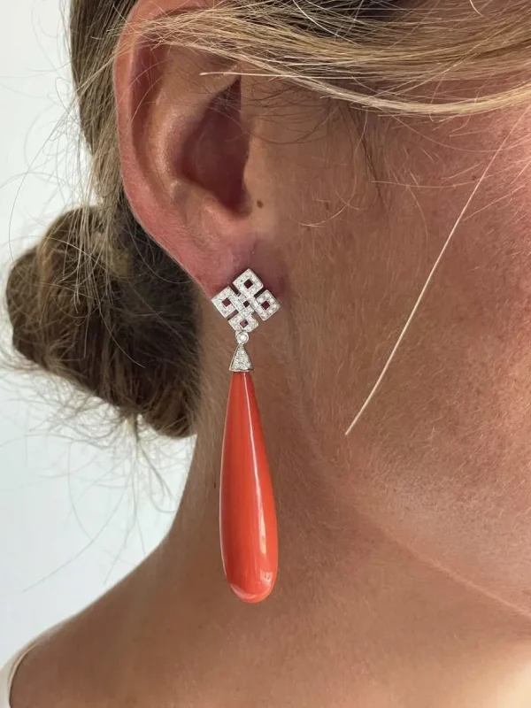 Roman Joyero Pendientes<Perillas FUERTE coral prensado con casquilla de brillantes
