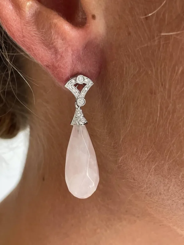 Roman Joyero Pendientes<Perillas JUNGLAR de cuarzo rosa con casquilla de brillantes