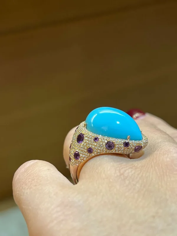 Roman Joyero Anillos<POLCA, anillo de oro rosa, diamante, amatista y calcedonia