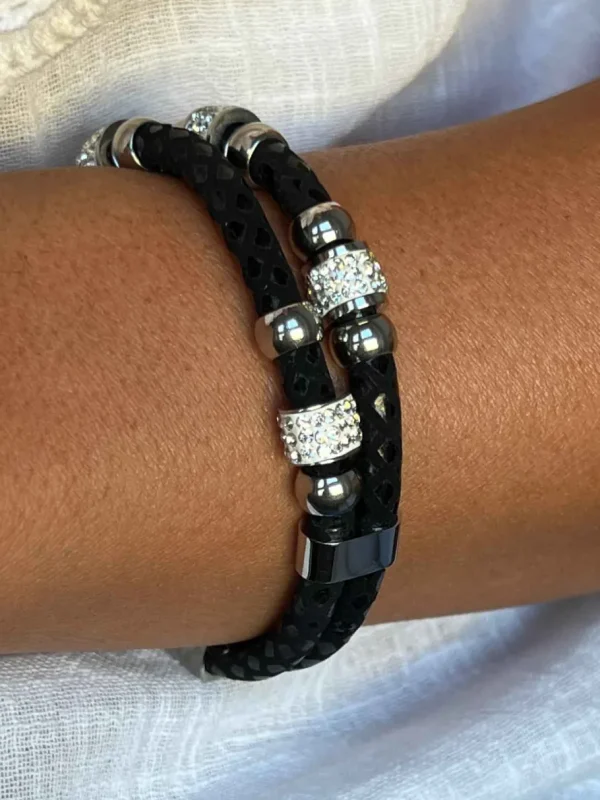 Roman Joyero Acero<Pulsera con doble cabo en acero y piel de color negro.