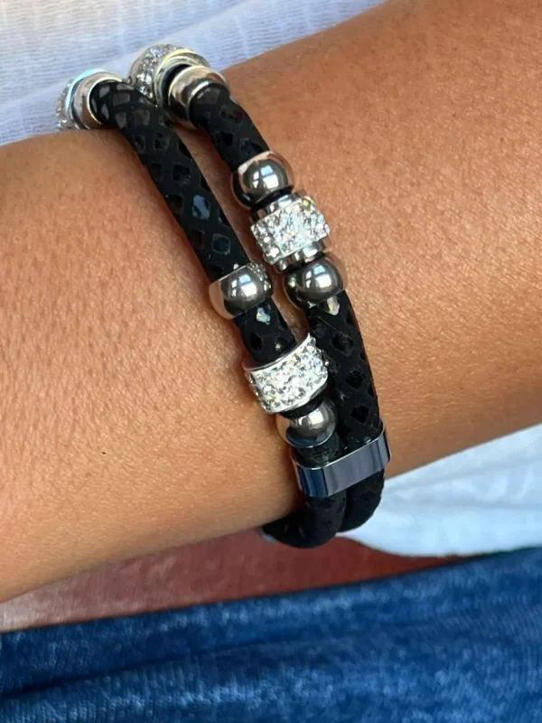 Roman Joyero Acero<Pulsera con doble cabo en acero y piel de color negro.