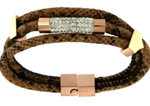 Roman Joyero Acero<Pulsera de acero y piel con 3 bandas en camel con cilindro.