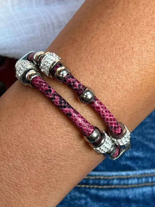 Roman Joyero Acero<Pulsera de doble cabo de acero y piel en color burdeos.
