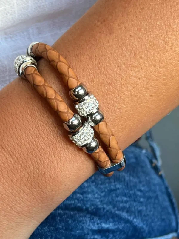 Roman Joyero Acero<Pulsera doble en acero y piel de color piel.