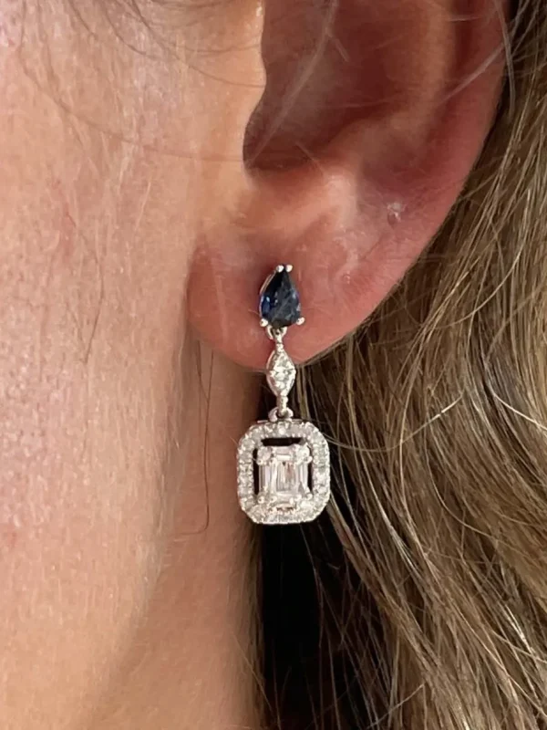 Roman Joyero Pendientes<SERVET pendientes zafiro y brillantes colgantes oro blanco 18k